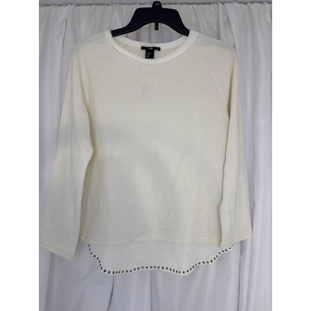 H&M Womens Off-White 3/4 Sleeve Top With Studded Hem XS Cotton & Polyester Blend